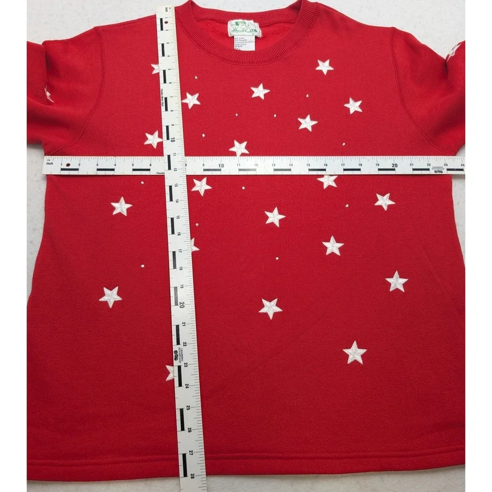 The Quacker Factory Sweatshirt Women Large Red Embroidered Stars Rhinestone - Picture 3 of 9